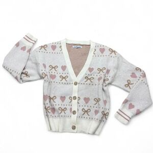 Cream and pink bow with hearts button cardigan soft and thick